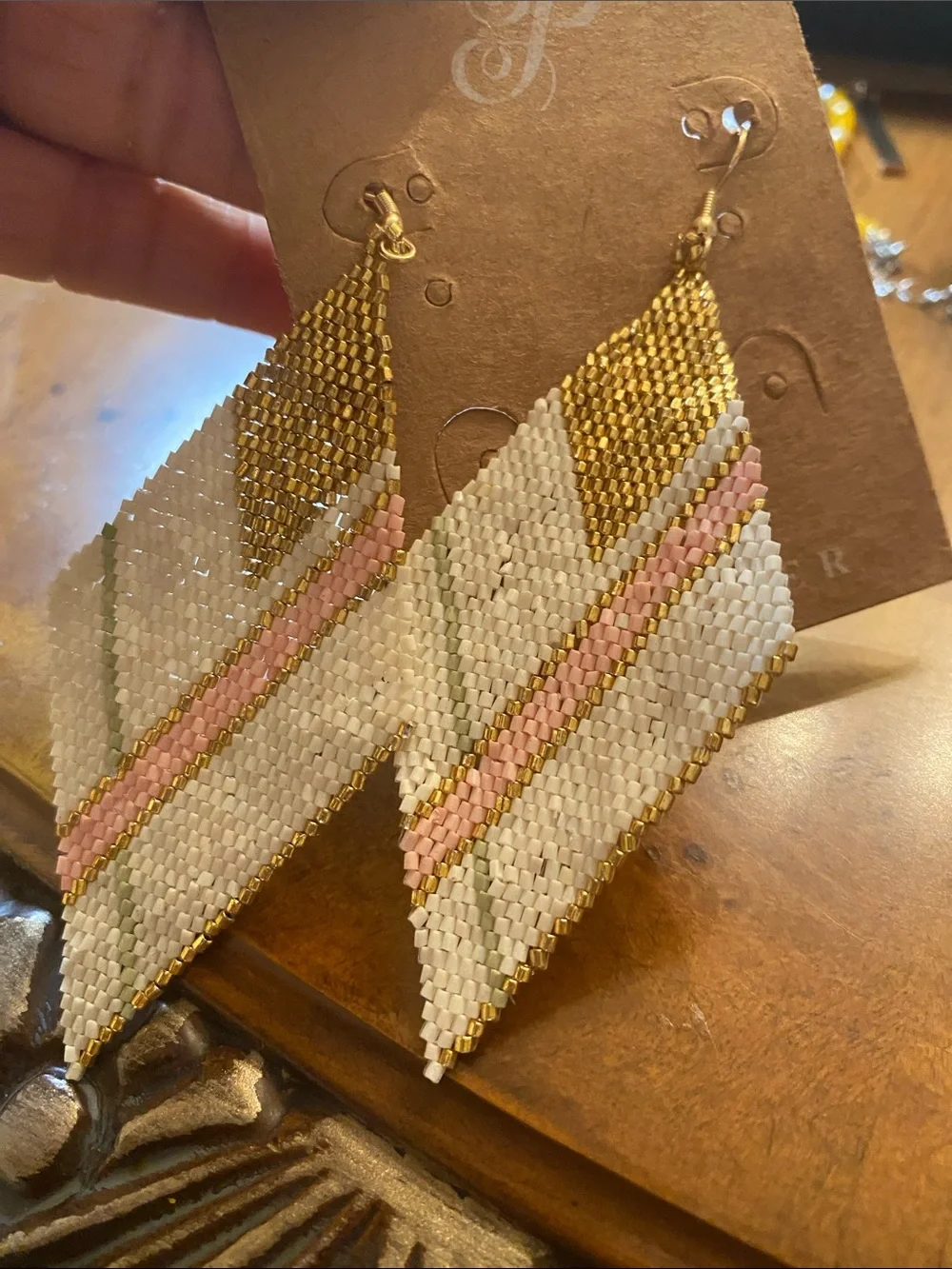 Plunder White, Pink & Gold Beaded Chevron Dangle Earrings - Picture 2 of 2